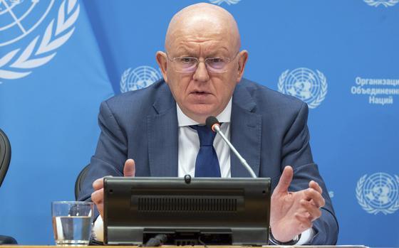In this photo provided by the United Nations, Ambassador Vassily Nebenzia, Permanent Representative of the Russian Federation, and President of the Security Council for the month of July, briefs reporters on the program of work of the Security Council, at the United Nations, Monday, July 1, 2024. (Eskinder Debebe/UN Photo via AP)