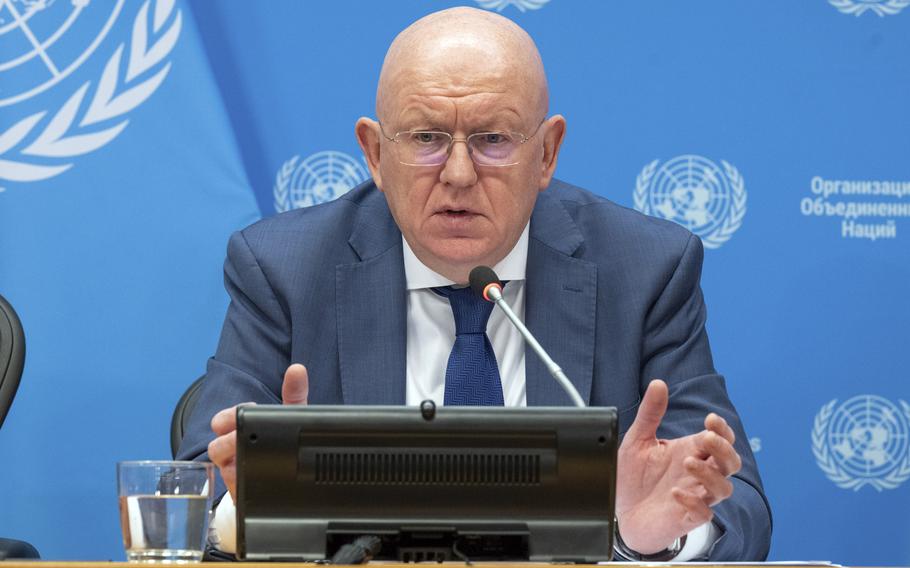 Ambassador Vassily Nebenzia, Permanent Representative of the Russian Federation, and President of the Security Council for the month of July, briefs reporters on the program of work of the Security Council, at the United Nations, Monday, July 1, 2024. 