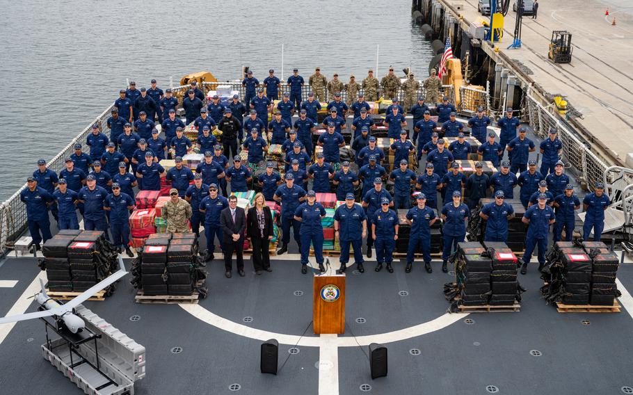 Crew members from the U.S. Coast Guard Cutter Munro (WMSL 755) offload 33,768 pounds of cocaine in San Diego, May 28, 2024. 