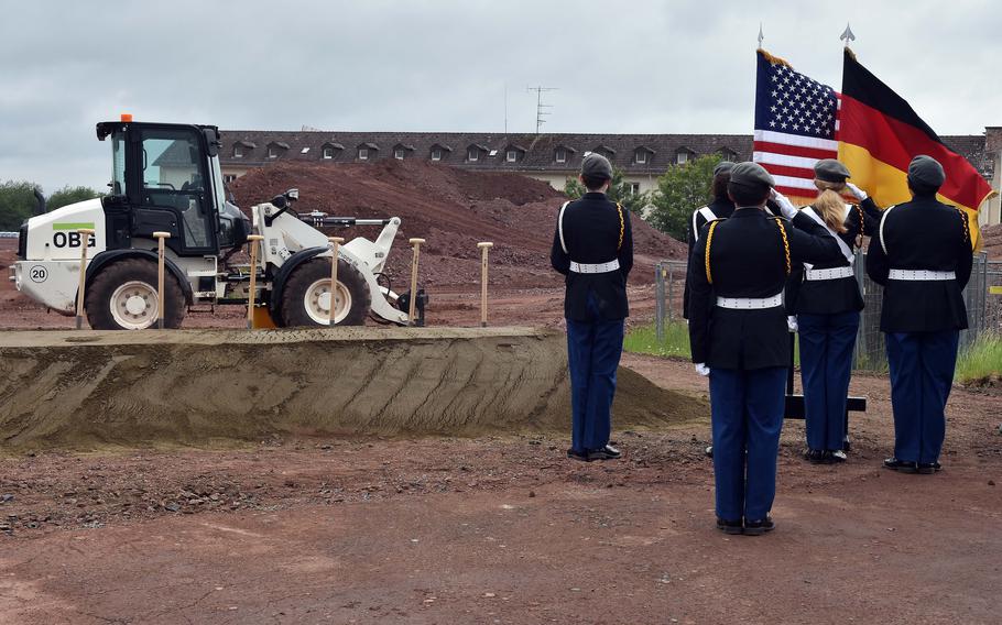 Members of the Baumholder Middle High School Junior ROTC color guard post colors at the start of a groundbreaking ceremony for the new Baumholder Elementary School in Germany on Wednesday, May 29, 2024.