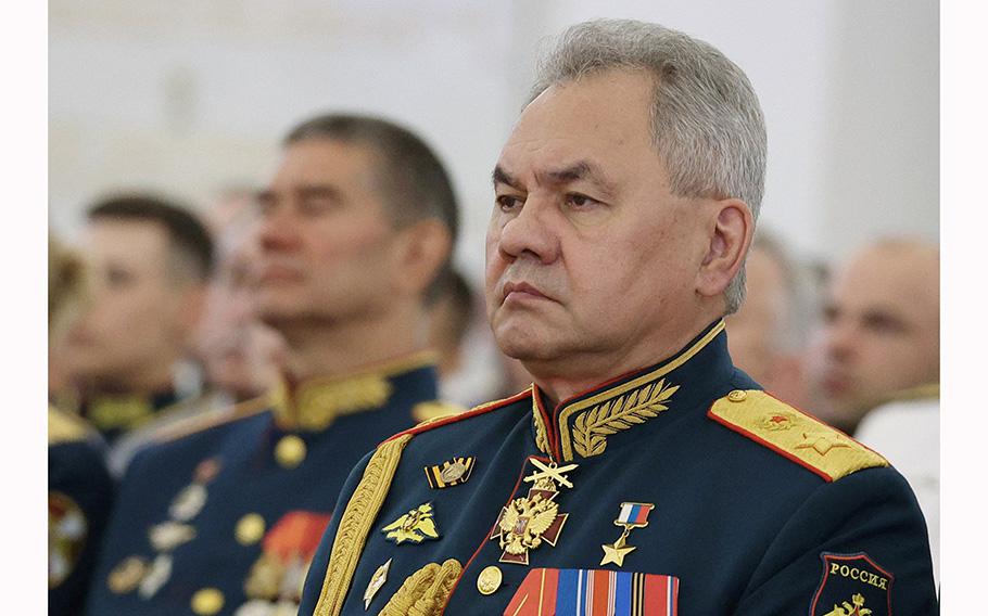 Russian Defense Minister Sergei Shoigu attends a meeting with graduates of higher military schools at the Kremlin in Moscow on June 21, 2023. 