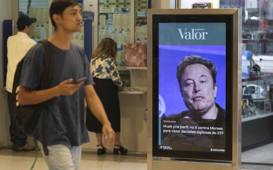 An ad at a shopping center in Brasilia, Brazil, on Sept. 2, 2024 shows a photo of Elon Musk, the billionaire owner of social media platform X.