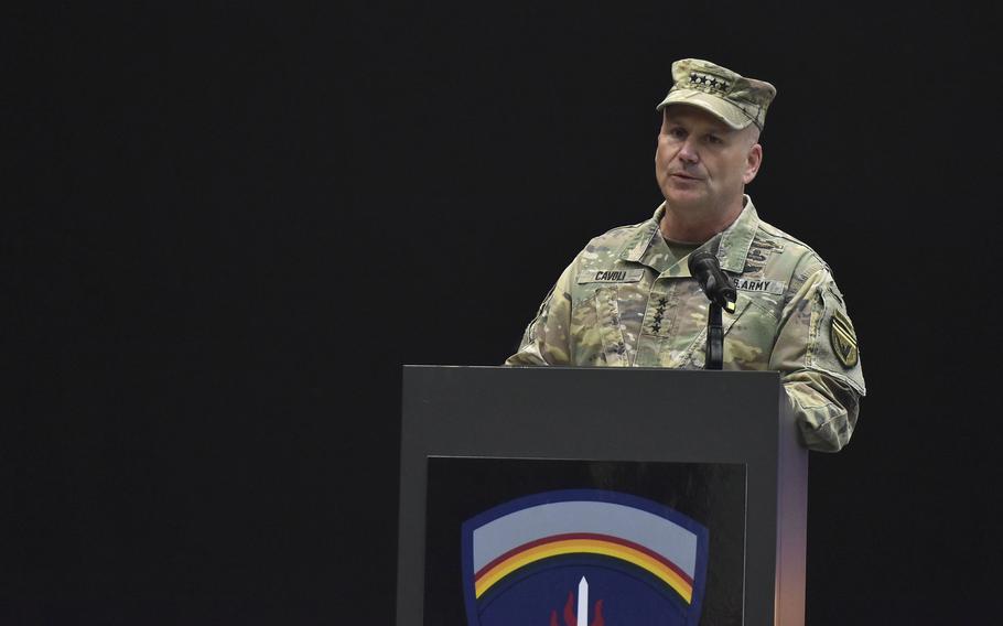 Gen. Christopher Cavoli speaks at the change of command ceremony