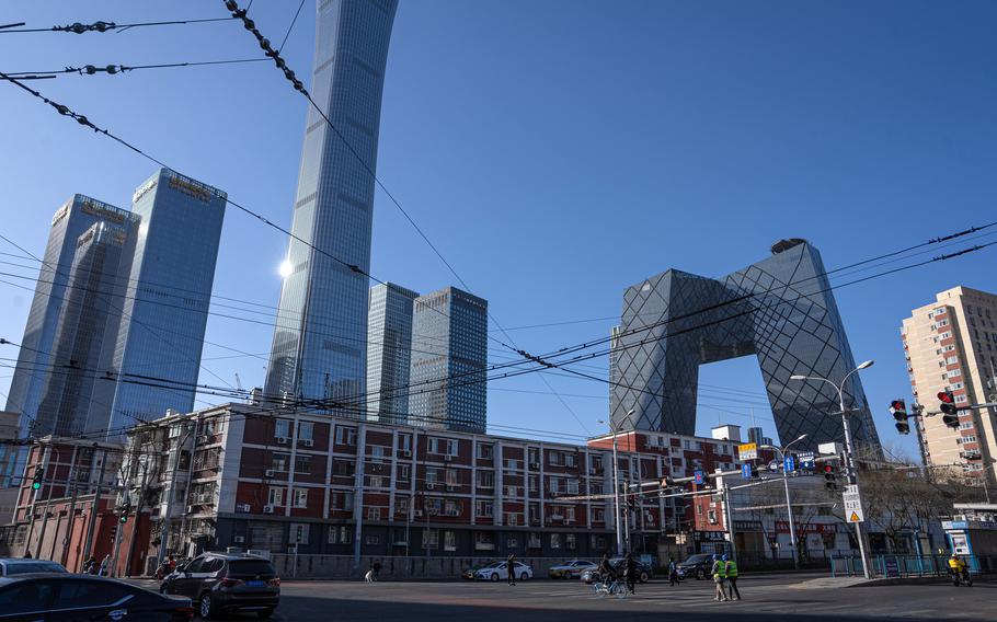 The CITIC Tower, fourth left, and the CCTV headquarters building, second right, among other buildings in Beijing, China, on Monday, Dec. 30, 2024. 