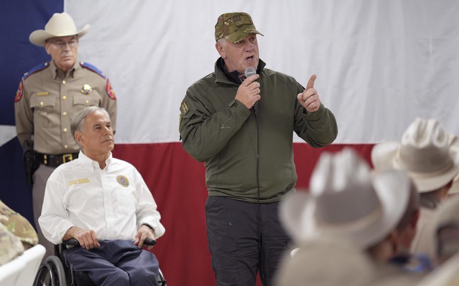 Incoming U.S. Border Czar Tom Homan, speaks to state troopers and national guardsmen, accompanied by Texas Gov. Greg Abbott.