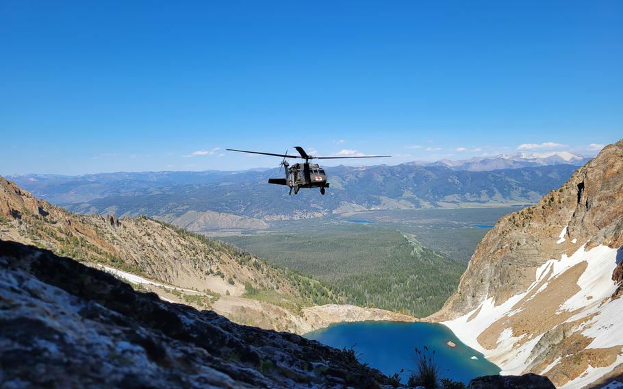 The Idaho Army National Guard State Aviation Group assisted the Custer County Search and Rescue Unit in rescuing an injured hiker on Thompson Peak of the Sawtooth Mountain Range, 75 miles northeast of Boise, Idaho, on July 6. 