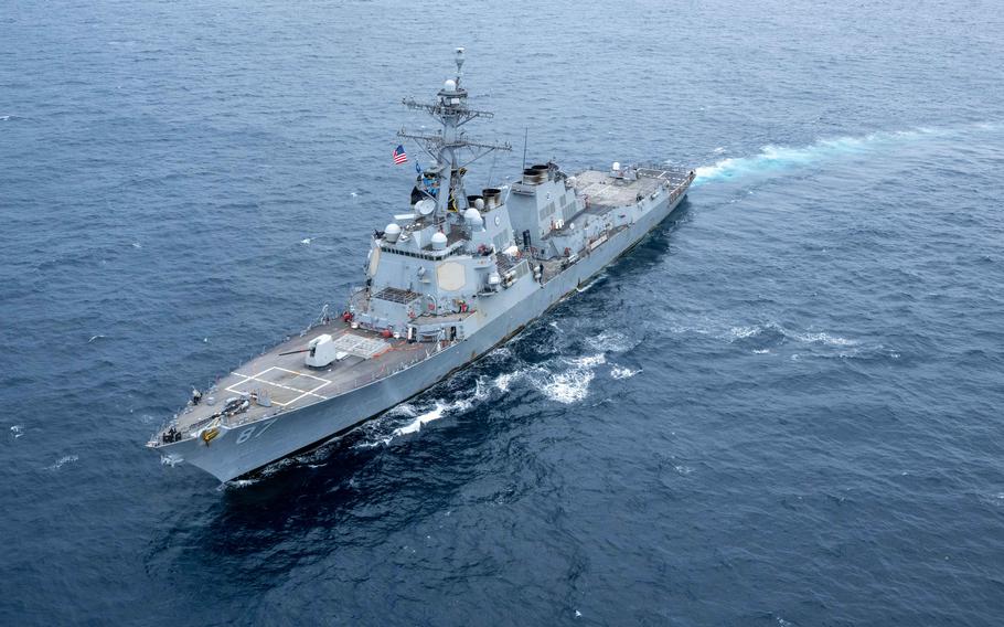 The destroyer USS Mason sails in the Red Sea on Jan. 31, 2024. Mason was one of seven U.S. Navy ships that received a combat action ribbon in April for performance under fire in the Middle East.