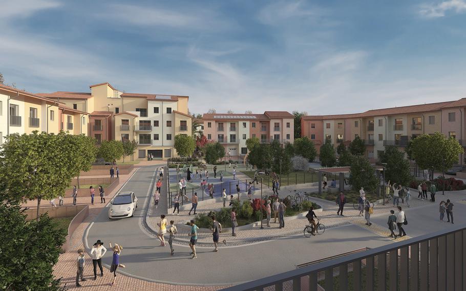 An artist rendering shows what one of the new neighborhoods will look like on post in Vicenza, home of the largest family housing project in the Army. 