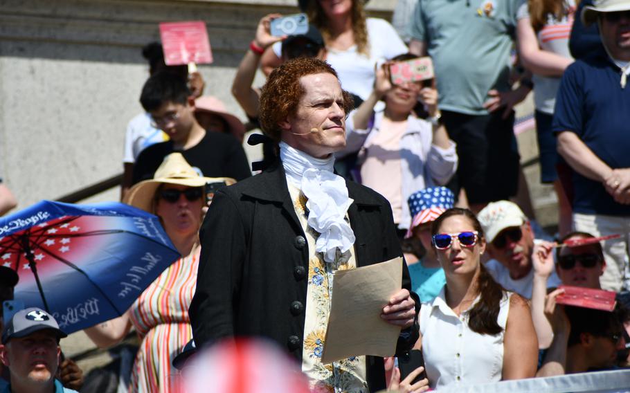 A man portraying Thomas Jefferson stands on the steps of the National Archives for its Independence Day event on July 4, 2024.