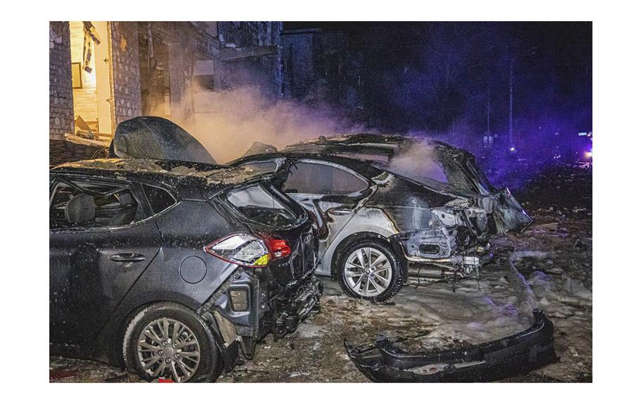 Cars burn after a Russian rockets attack that hit a hotel in Kharkiv, Ukraine, late on Jan. 10, 2024. According to reports on Saturday, Jan. 13, some 40 Russian missiles and drones of various types were launched nationwide and air defense said it shot down eight missiles. Another 20 or more “failed to achieve their targets due to active work of jamming,” Ukraine said.