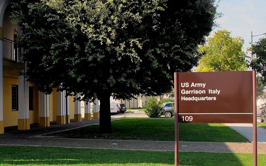 Sign at USAG Italy headquarters on Caserma Ederle, Vicenza, Italy