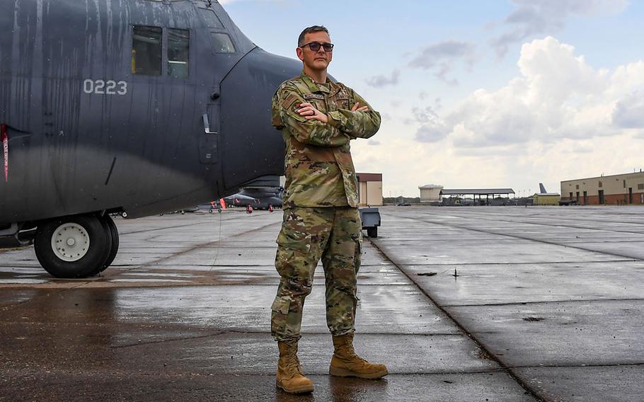 Then-Airman 1st Class Michael McCullough poses on the Ground Instructional Training Aircraft ramp at Sheppard Air Force Base, Texas, in September 2021.