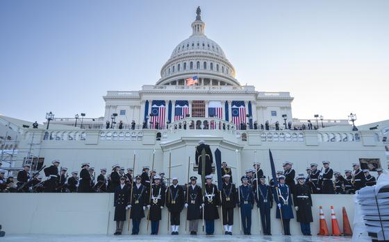 Department of Defense service members participate in a ceremonial rehearsal at the U.S. Capitol ahead of the 60th Presidential Inauguration at the U.S. Capitol in Washington, D.C., Jan. 12, 2025. More than 5,000 military members from across all branches of the U.S. Armed Forces, including Reserve and National Guard components, will provide ceremonial support and Defense Support of Civil Authorities during the inaugural period. (Department of Defense photo by Tech. Sgt. Betty R. Chevalier)