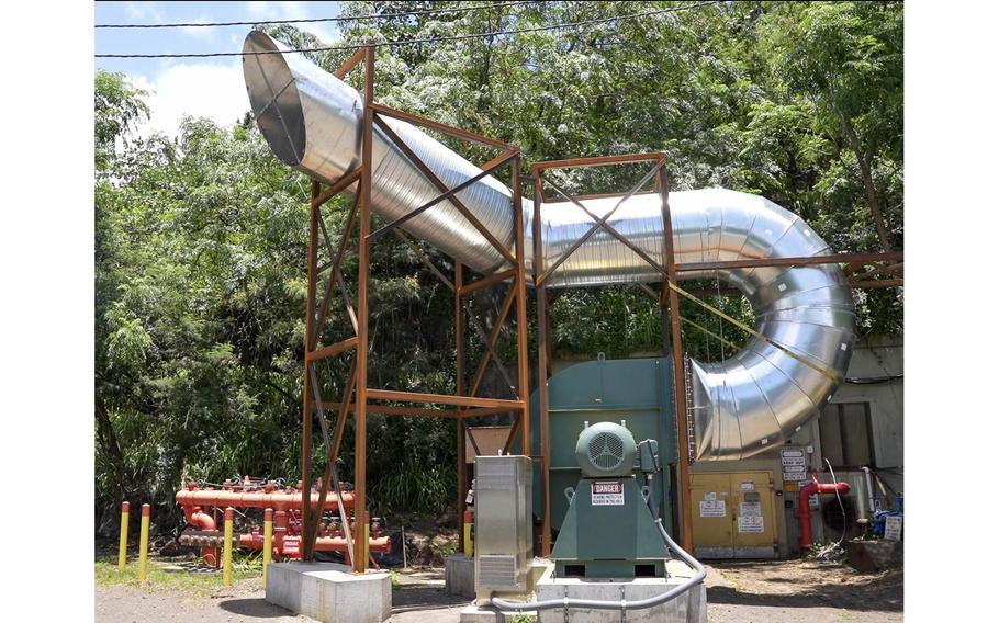 A temporary vent at the Red Hill Bulk Fuel Storage Facility undergoes final preparations before venting operations in Halawa, Hawaii, May 28, 2024. The vent was built to use fan power to pull fuel vapor from the fuel tanks inside the facility. 