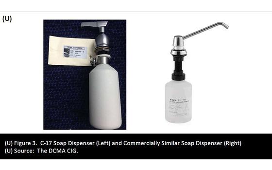 An image from the Defense Department Inspector General's audit shows a C-17 Globemaster III soap dispenser, left, and a similar commercial dispenser. The Air Force overpaid by more than 80 times for soap dispensers in the bathroom of the airplane, the IG said.