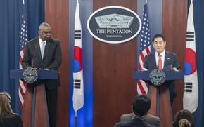 Secretary of Defense Lloyd J. Austin and South Korean Defense Minister Kim Yong-hyun conduct a joint press briefing at the Pentagon, Washington, D.C., Oct. 30, 2024. (DoD photo by U.S. Air Force Senior Airman Madelyn Keech)