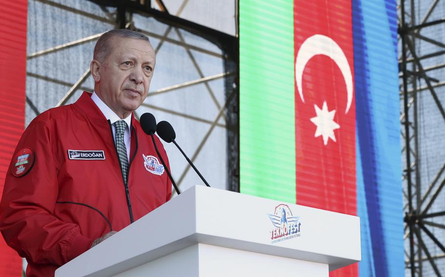 Turkey's President Recep Tayyip Erdogan speaks at a Turkish Technology and Aviation festival, held abroad for the first time, in Baku, Azerbaijan, Saturday, May 28, 2022. 