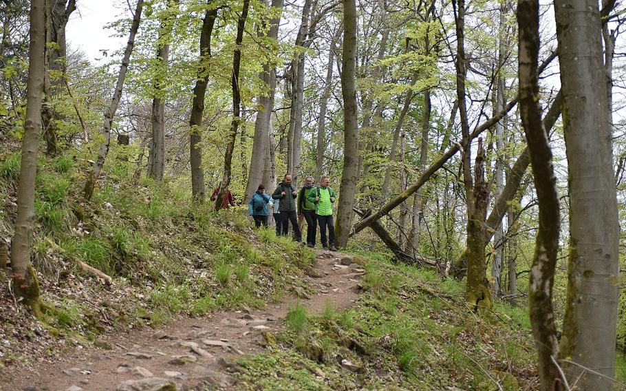 Hikers traverse a narrow path on the Donnersberg near Dannenfels, Germany, on April 28, 2024. The mountain is a popular recreation destination in the Pfalz.
