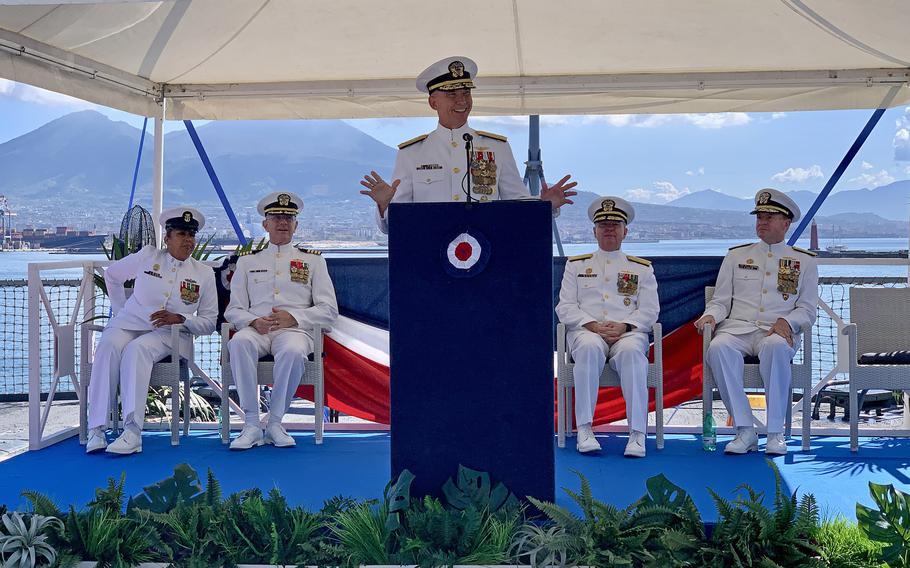 Vice Admiral Jeffrey Anderson speaks during a ceremony on September 20, 2024. Anderson assumed command of the U.S. 6th Fleet.