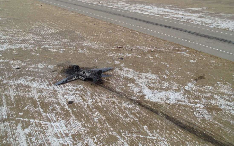 The B-1 bomber crash site at Ellsworth Air Force Base in South Dakota. The $450 million plane was attempting to land in low-visibility conditions when the four crew members were forced to eject before the plane skidded about 5,000 feet across the runway and caught fire. 