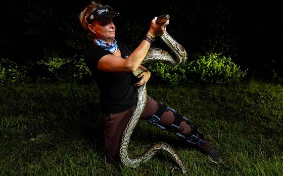 Python Huntress Amy Siewe holds an invasive 10-foot Burmese Python, originally caught by her colleague Harold Antonio Rondon-Mena, during a hunting trip down Tamiami Trail on Sept. 5, in Miami.  Siewe has caught over 600 pythons herself since trading a real estate career in Indiana to become a professional python hunter five years ago. Guiding, however, has proven far more lucrative for her than just catching and trapping snakes as a state-certified python hunter so she made it her full-time business in the last two years. 