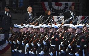 Chairman of the Joint Chiefs of Staff Gen. CQ Brown, from left, President Joe Biden, Vice President Kamala Harris and Defense Secretary Lloyd Austin watch during a Department of Defense Commander in Chief farewell ceremony at Joint Base Myer-Henderson Hall, Thursday, Jan. 16, 2025, in Arlington, Va. (AP Photo/Evan Vucci)