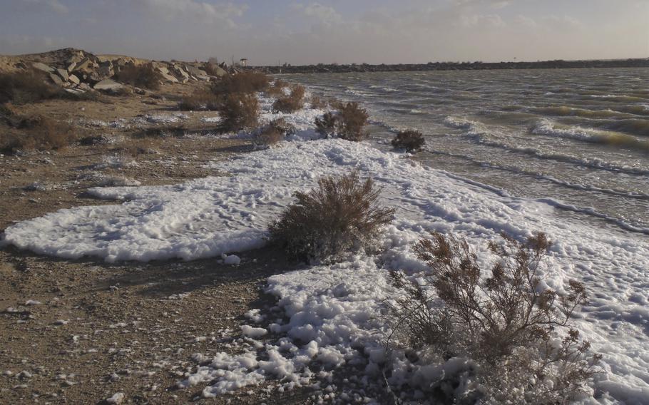 Foam along the shoreline of Holloman Lake.