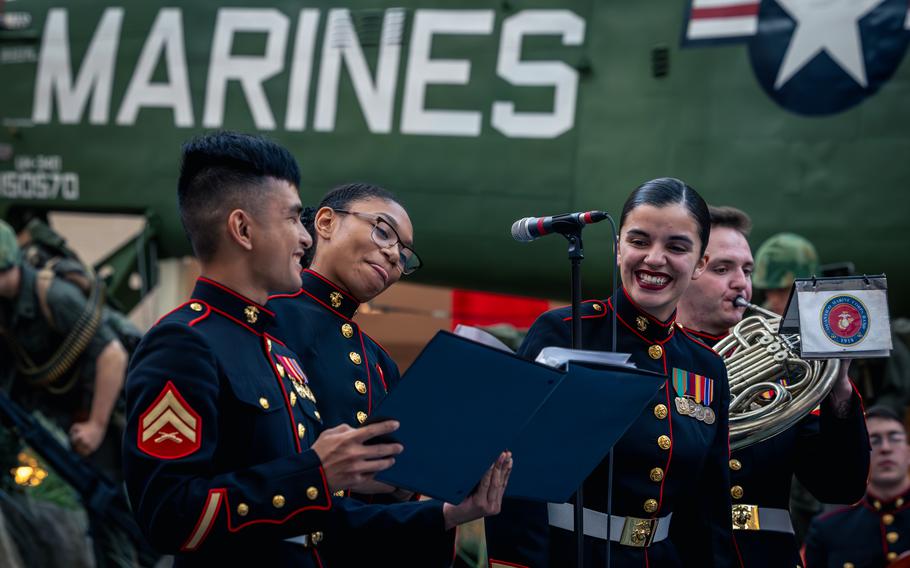 Marines in the Quantico Band smile as they perform.