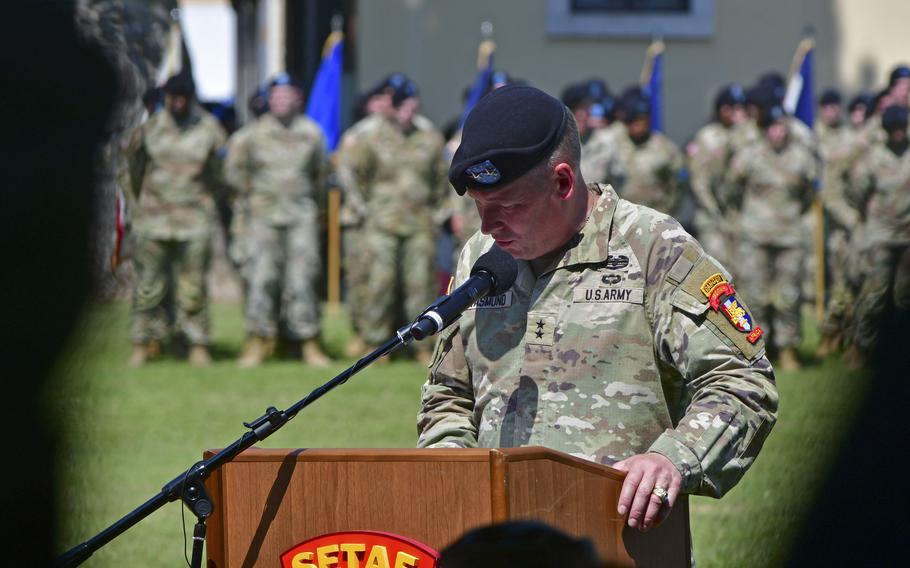 Maj. Gen. Todd Wasmund speaks during a change of command ceremony July 18, 2024, at Caserma Ederle in Vicenza, Italy. Wasmund relinquished his command of U.S. Army Southern European Task Force, Africa during the ceremony. 