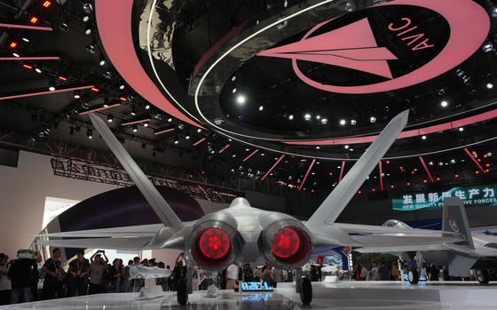 A half size replica of the J-35a Chinese stealth fighter jet is displayed at the 15th China International Aviation and Aerospace Exhibition, also known as Airshow China 2024 at Zhuhai in southern China's Guangdong province on Tuesday, Nov. 12, 2024.(AP Photo/Ng Han Guan)