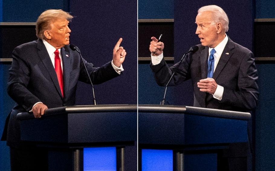 In this composite image, Donald Trump and Joe Biden debate each other in November 2020 in Nashville.