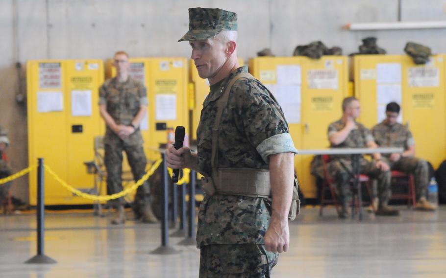 Maj. Gen. Stephen Liszewski, outgoing leader of Marine Corps Installations Pacific, speaks during a change-of-command ceremony at Marine Corps Air Station Futenma, Okinawa, on June 14, 2024.