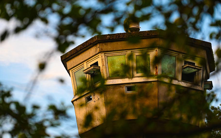 The guard tower of Area 1 stands in the evening light on Aug. 9, 2024, near Ludwigswinkel, Germany. The structure once watched over one of the largest U.S. Army ordnance depots in Germany.