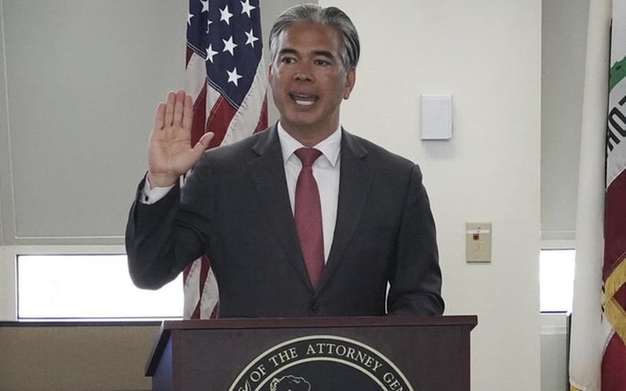 California’s Attorney General Rob Bonta attends a ceremony on April 7, 2023, the day he announced proposed legislation that would establish a restitution fund within the state Treasury to help pay victims when they don’t receive what they’re owed