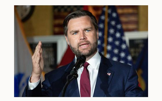 US Senator and Republican vice presidential candidate J.D. Vance speaks at the Veterans of Foreign Wars Post 92 in Lower Burrell, Pennsylvania, Aug. 15, 2024. (Rebecca Droke/AFP via Getty Images/TNS)