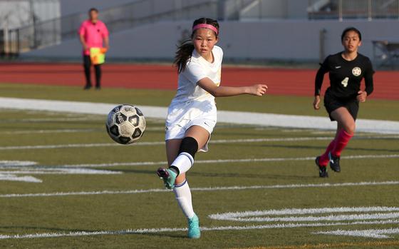 Freshman Aubrey Oh, with a left foot that Yokota coach Matt Whipple described as "blessed by the soccer gods," scored 37 goals, lifted the Panthers to thei Far East Division II Tournament title and has been named Stripes' Pacific girls soccer Athlete of the Year.