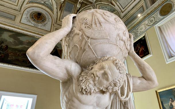 A marble statue of Atlas dated to the 2nd century in the National Archeological Museum of Naples, located in the Palazzo del Mann.
