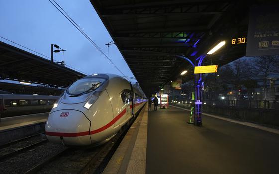 The first Paris-Berlin high speed train is at its platform Monday, Dec. 16, 2024 at the Gare de l'Est station in Paris. (AP Photo/Aurelien Morissard)