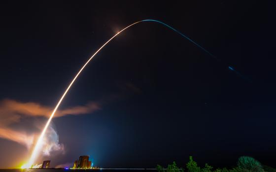 A United Launch Alliance’s Vulcan VC2S rocket launches its first certification mission from Space Launch Complex 41 at Cape Canaveral Space Force Station, Florida, Jan. 8, 2024. Cert-1 will deliver the Astrobotic Peregrine commercial lunar lander into a highly elliptical orbit more than 220,000 miles above Earth to intercept the moon and will carry a Celeste’s Memorial Spaceflight payload into deep space. (U.S. Space Force photo by Joshua Conti)