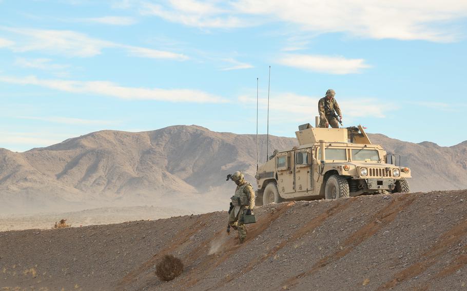 U.S. Army Soldiers assigned to 1st Brigade Combat Team, 1st Cavalry Division, prepare their Humvee during Decisive Action Rotation 18-02 at the National Training Center in Fort Irwin, Calif., Nov. 24, 2017. A Humvee was recently stolen from the National Guard armory in Santa Rosa, California.