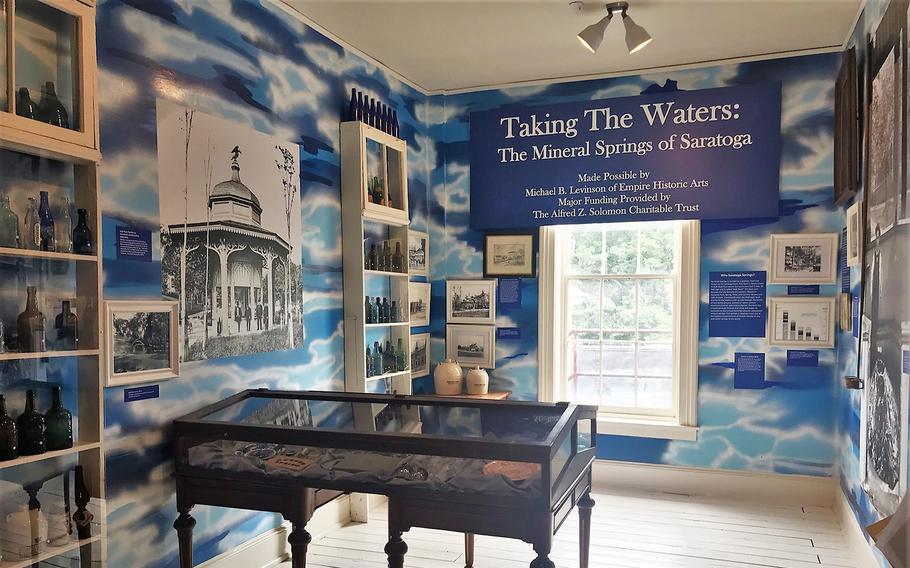 An exhibit about Saratoga’s mineral springs at the Saratoga Springs History Museum.  The 65-mile-long Saratoga Fault is broken by fissures that produce springs rich in minerals and salts. The water’s healing qualities were first discovered by the region’s Mohawk and Oneida tribes who named the area Saraghoga, “place of swift waters.”