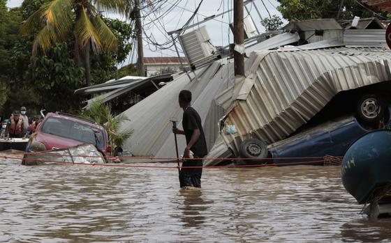 A flooded street caused by Hurricane Eta in Planeta, Honduras.