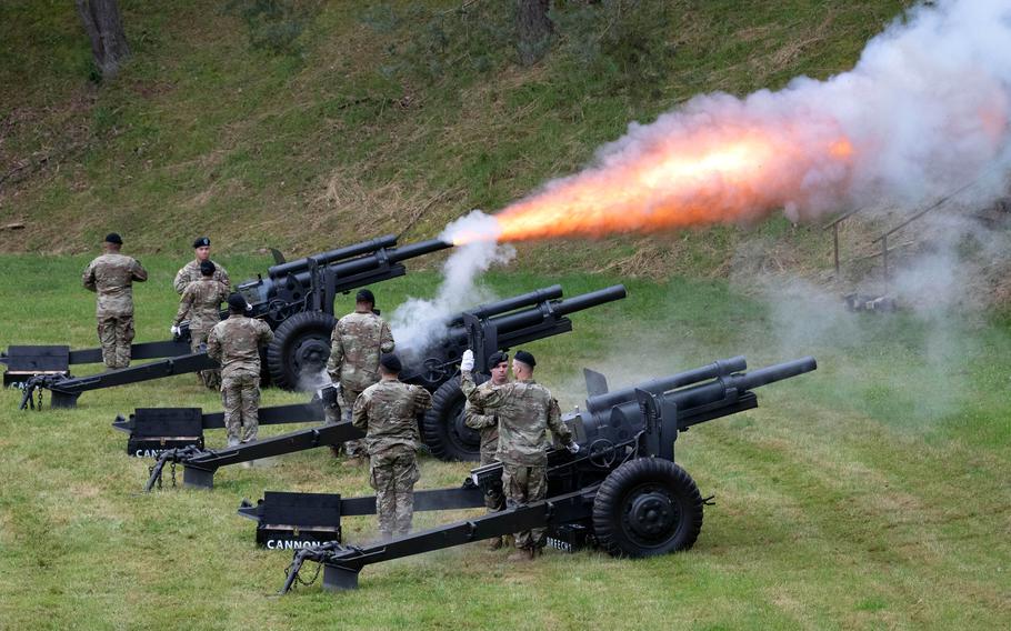 Cannons are fired during a ceremony at Sembach Kaserne, Germany, on June 20, 2024, during which Brig. Gen. Curtis King assumed command of the 10th Army Air and Missile Defense Command from Brig. Gen. Maurice Barnett.