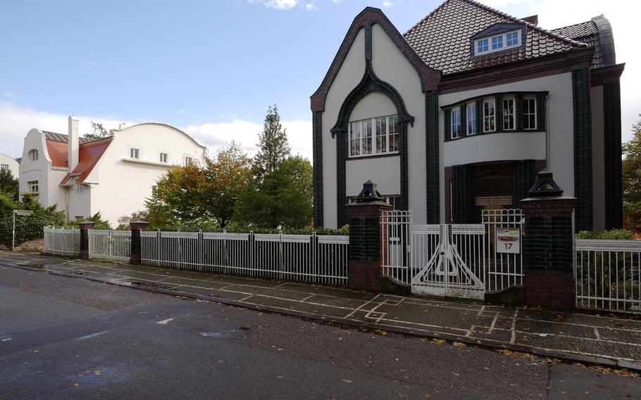 Two houses on a street in Darmstadt, Germany that were built in the Art Nouveau period.