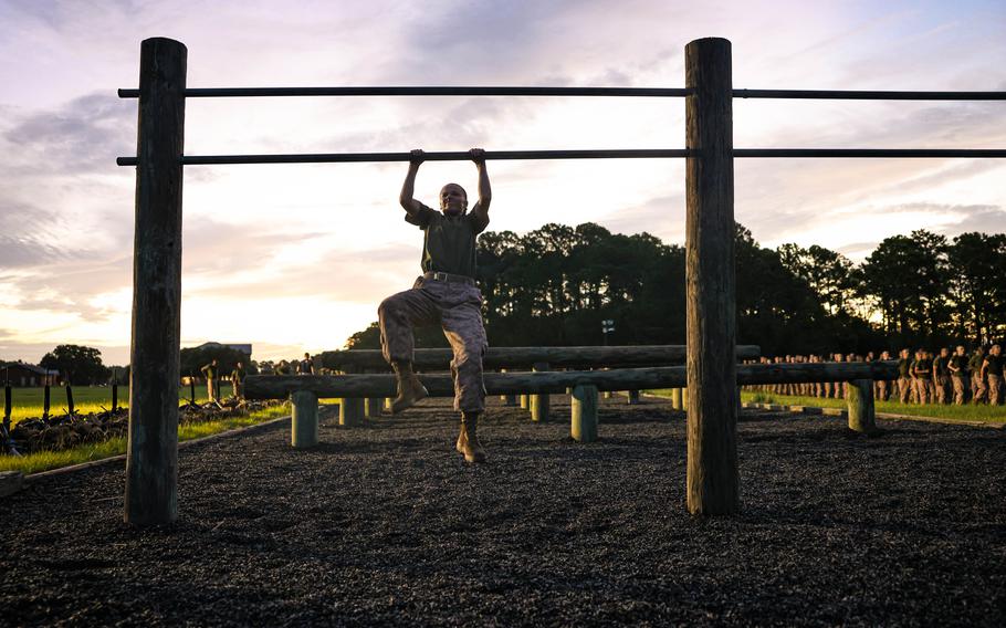 Recruits with Kilo Company, 3rd Recruit Training Battalion, conduct the Obstacle Course on Marine Corps Recruit Depot Parris Island, S.C., July 23, 2024. 