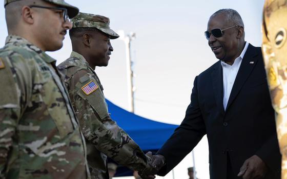 Secretary of Defense Lloyd Austin meets with soldiers at Yokohama North Dock, a port facility south of Tokyo, Dec. 10, 2024.