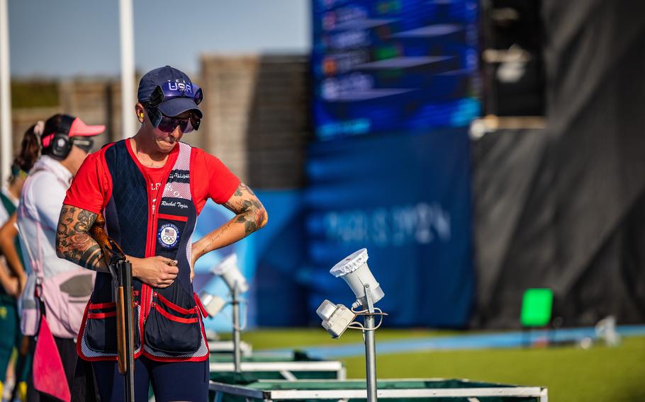 Rachel Tozier walks down the line during the first round of the women's trap qualification on Tuesday, July 30, 2024, at the Chateauroux Shooting Centre in Chateauroux, France. Tozier, a U.S. Army staff sergeant, finished 18th with 116 targets hit over the two days, July 30-31, and missed the cut for the finals.