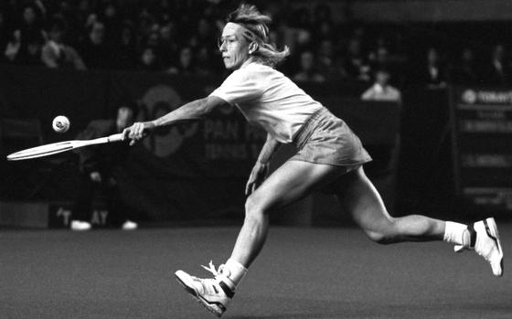 Tokyo, February 5, 1989: Top-seeded Martina Navratilova lunges for the ball during her match against Lori McNeil in the finals of the Pan Pacific Open tennis tournament. Navratilova fought to a 6-7 (7-3), 6-3, 7-6 (7-5) win over seventh-seeded McNeil, who had upset Chris Evert and Zina Garrison on her way to the finals.

Looking for Stars and Stripes’ historic coverage? Subscribe to Stars and Stripes’ historic newspaper archive! We have digitized our 1948-1999 European and Pacific editions, as well as several of our WWII editions and made them available online through https://starsandstripes.newspaperarchive.com/