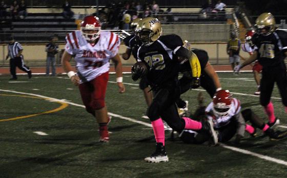 Humphreys' Jason Meserve breaks into the open against Kinnick.