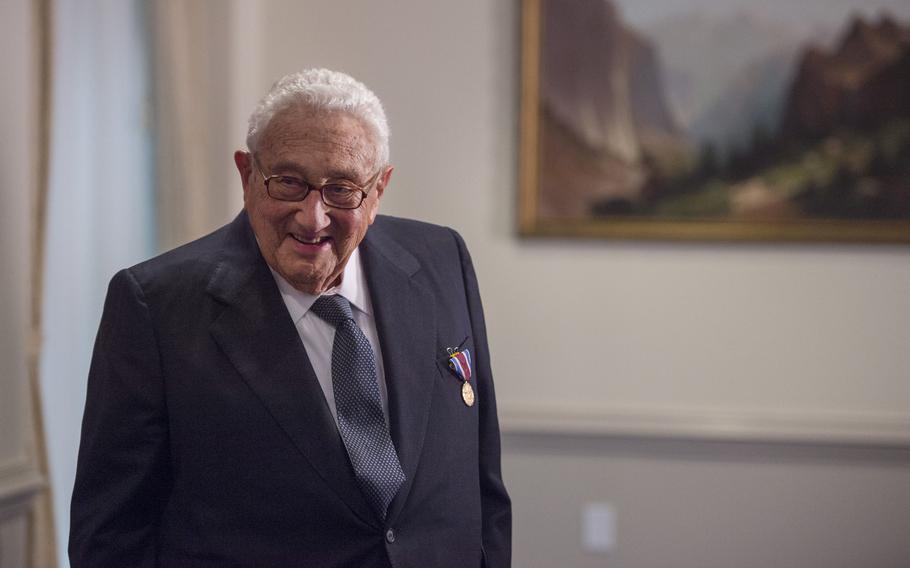 Dr. Henry A. Kissinger smiles during an award ceremony hosted by the Secretary of Defense at the Pentagon honoring him for his years of distinguished public service May 9, 2016. Kissinger was presented with the Department of Defense Medal for Distinguished Public Service.